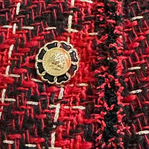 ADRIANNA PAPELL Red Black‎ Tweed Jacket Blazer Gold Buttons Holiday Plaid Size M - Picture 5 of 7